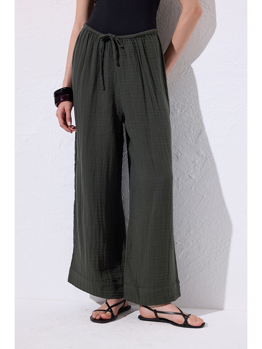 Müslin Bağlamalı Pantolon Koyu Yeşil-2