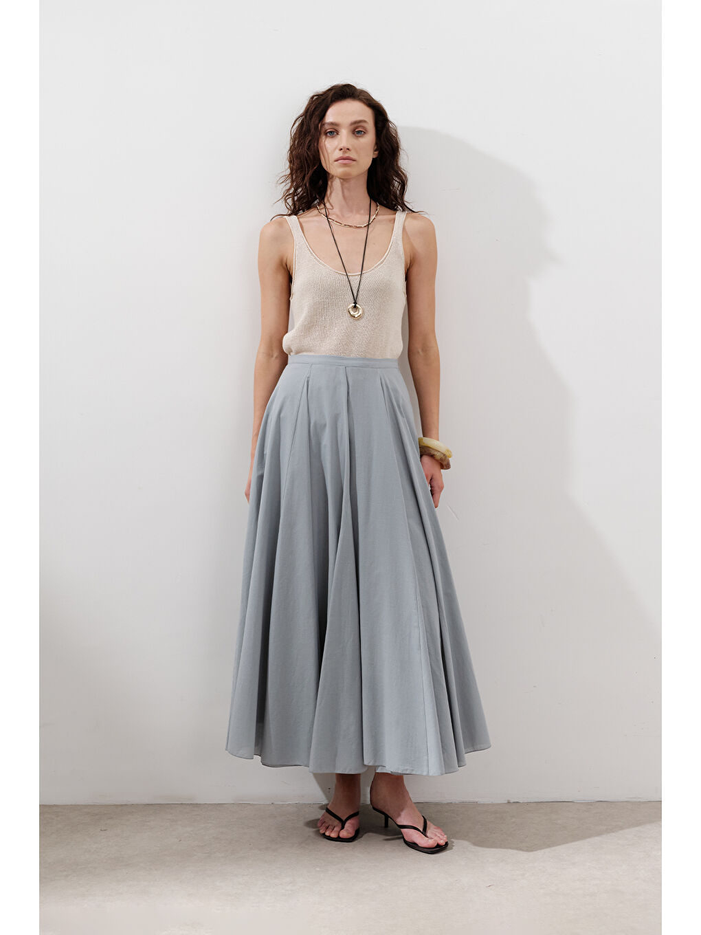 Parçalı Geniş Pamuklu Etek Mavi-1