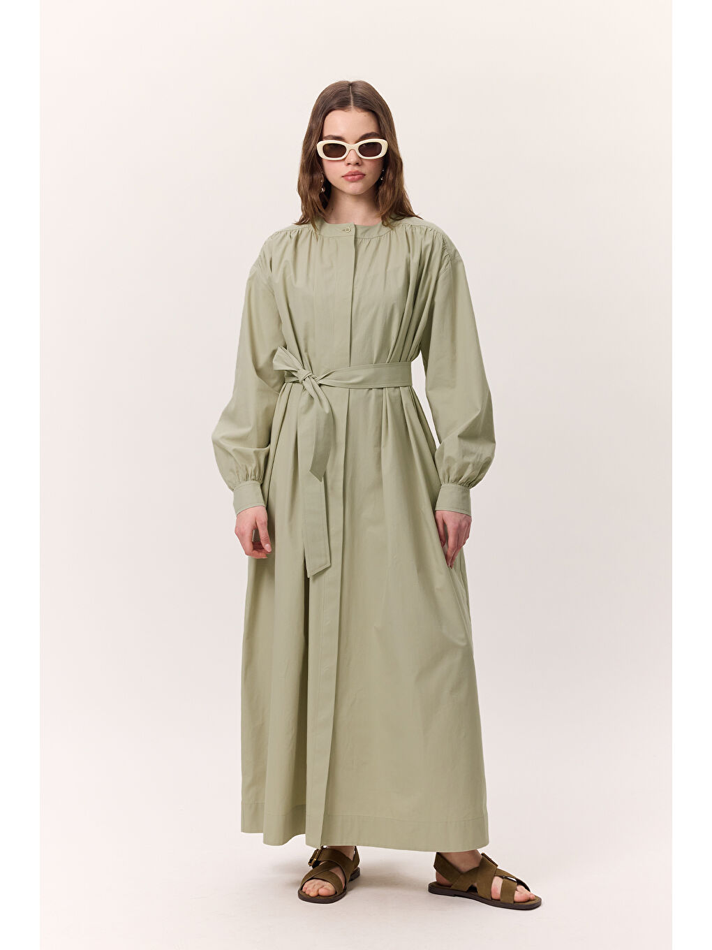 Yeşil Büzgü Detaylı Geniş Gömlek Elbise Çağla-2