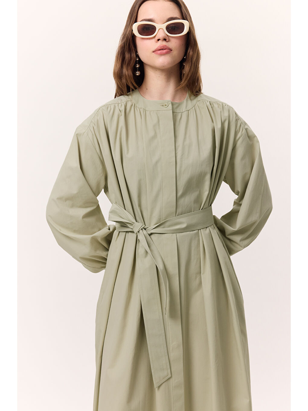 Yeşil Büzgü Detaylı Geniş Gömlek Elbise Çağla-4