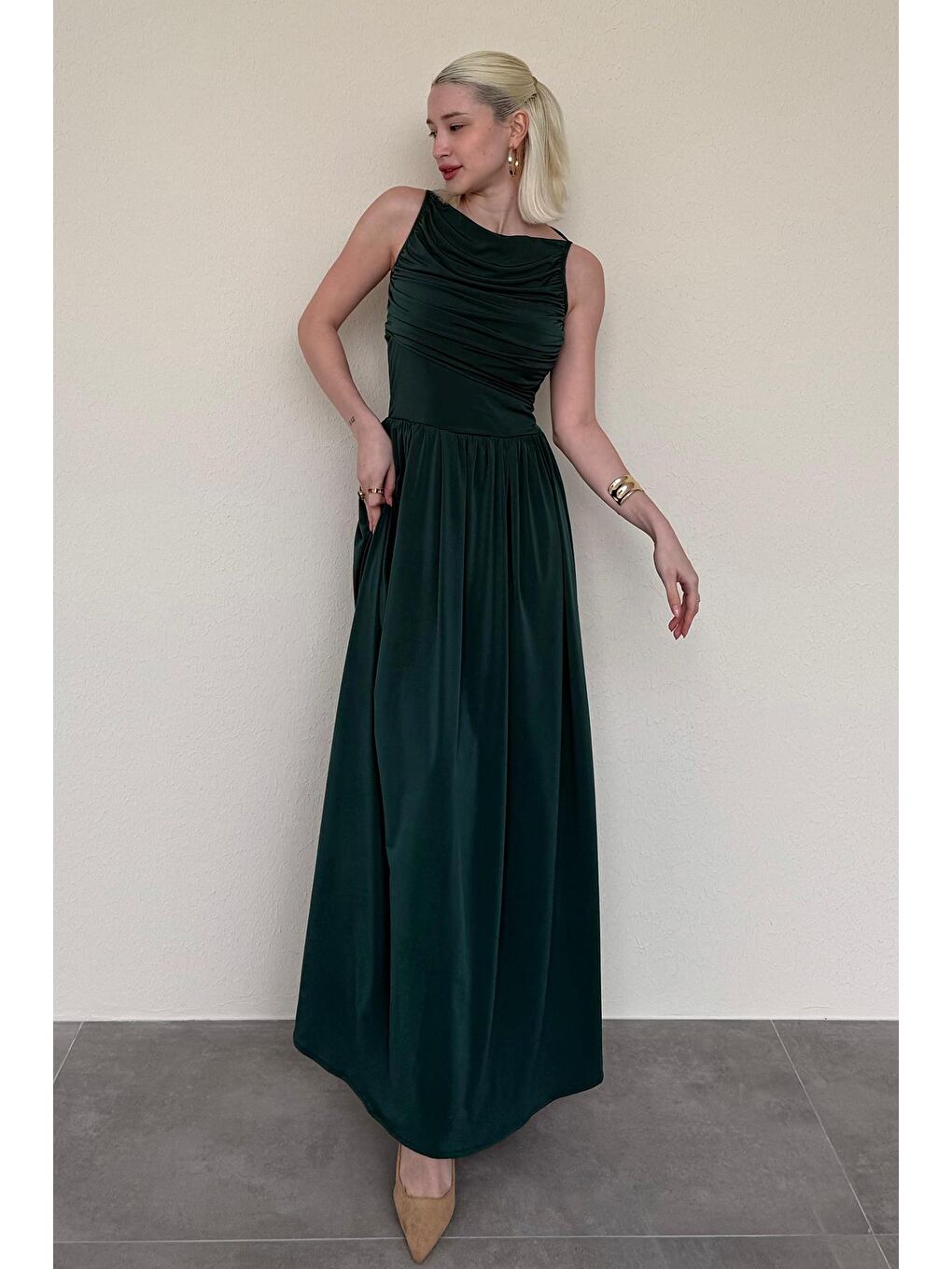 Yeşil Önü Dökümlü Uzun Boy Kadın Elbise Mg2364-2