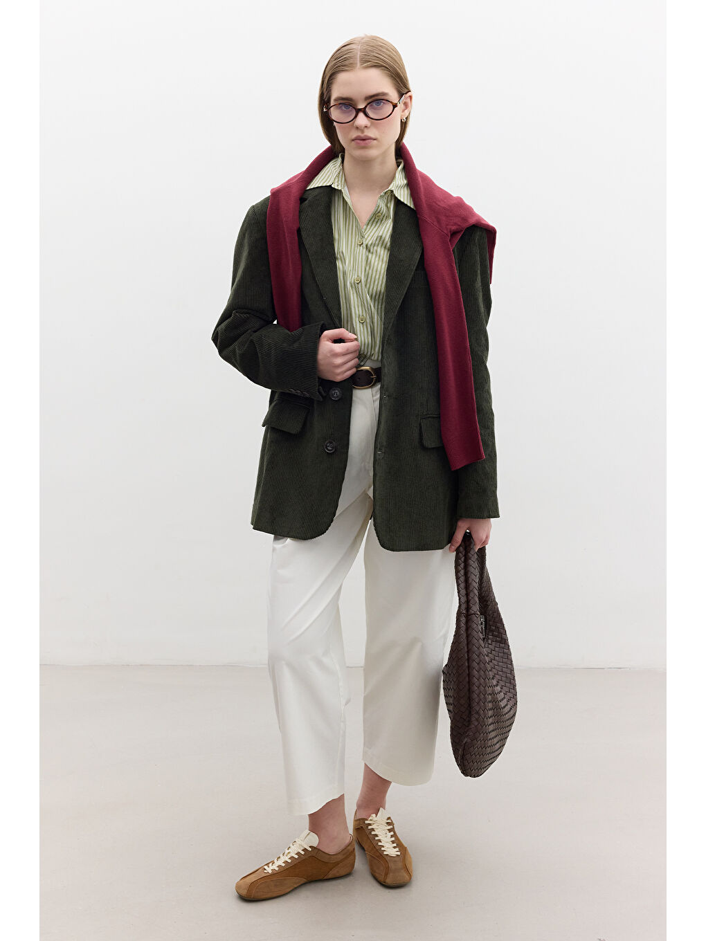 Fitilli Kadife Blazer Ceket Haki