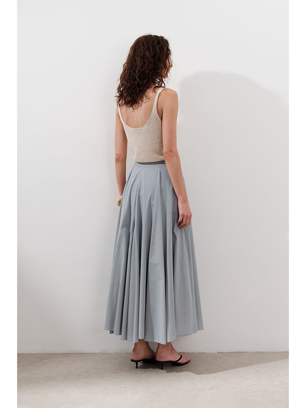 Parçalı Geniş Pamuklu Etek Mavi-4