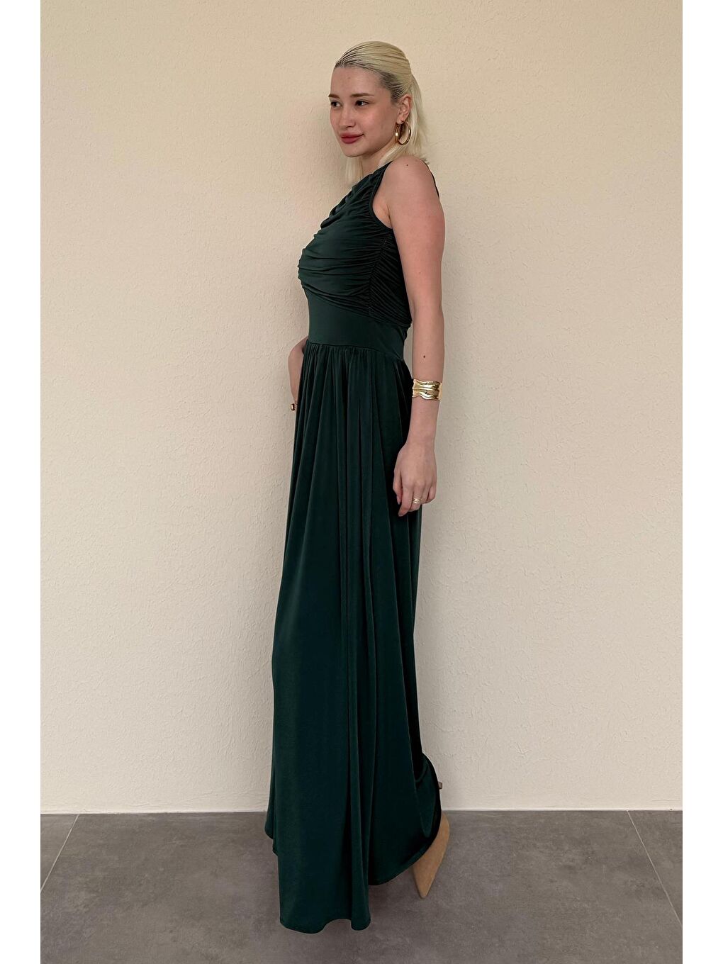 Yeşil Önü Dökümlü Uzun Boy Kadın Elbise Mg2364-4