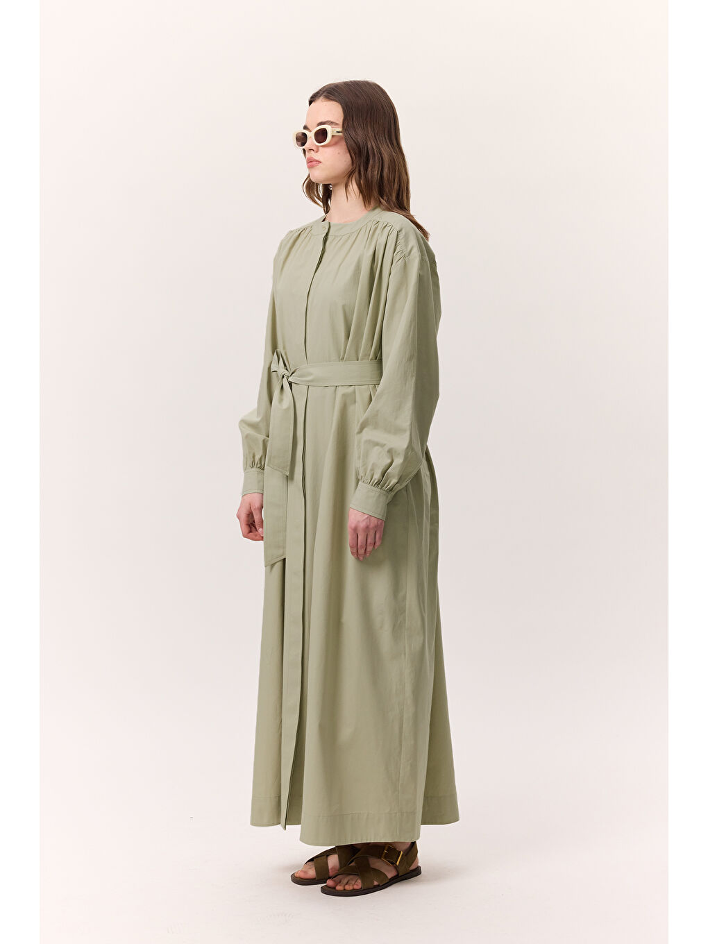Yeşil Büzgü Detaylı Geniş Gömlek Elbise Çağla-5