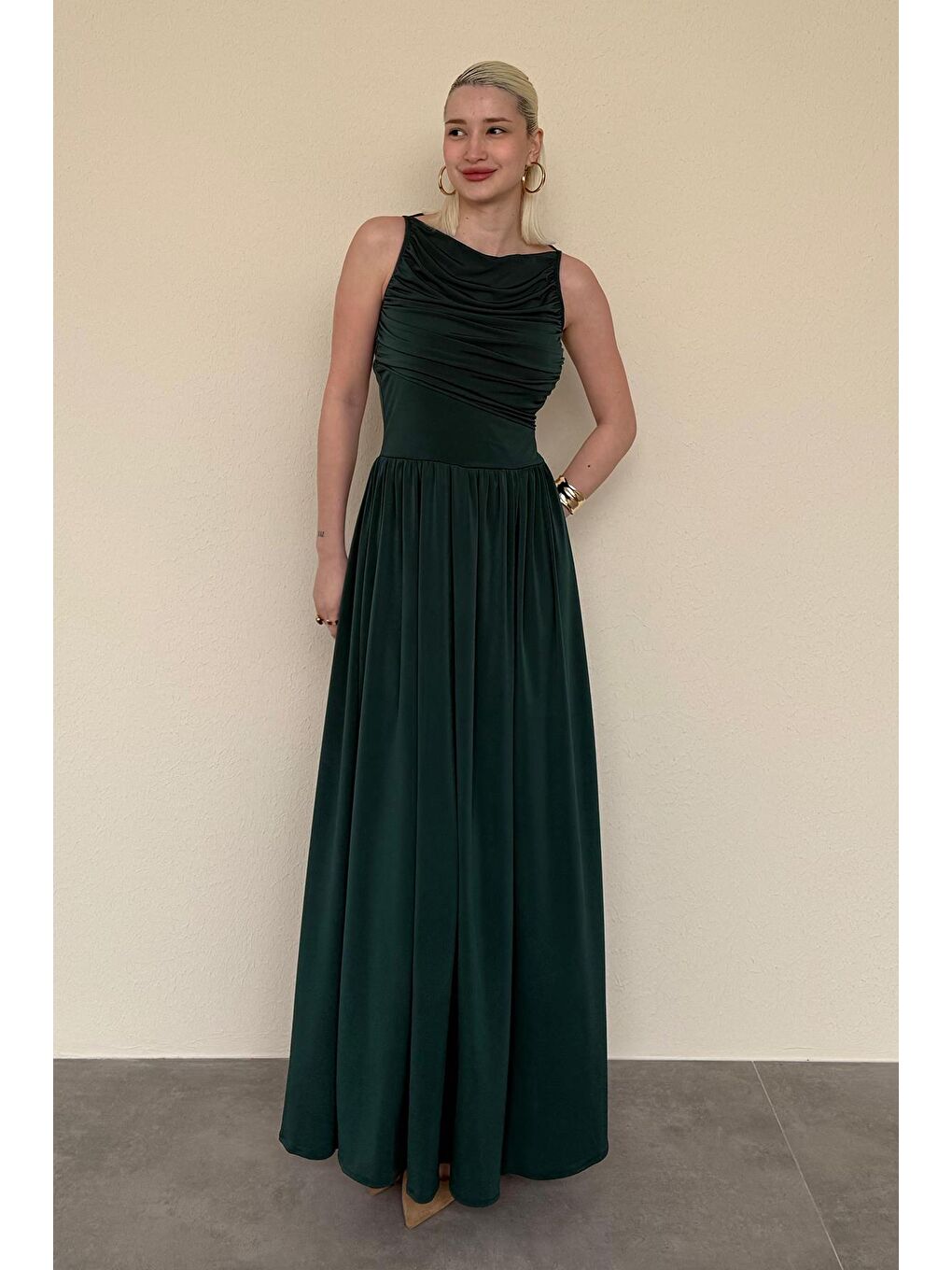 Yeşil Önü Dökümlü Uzun Boy Kadın Elbise Mg2364-6