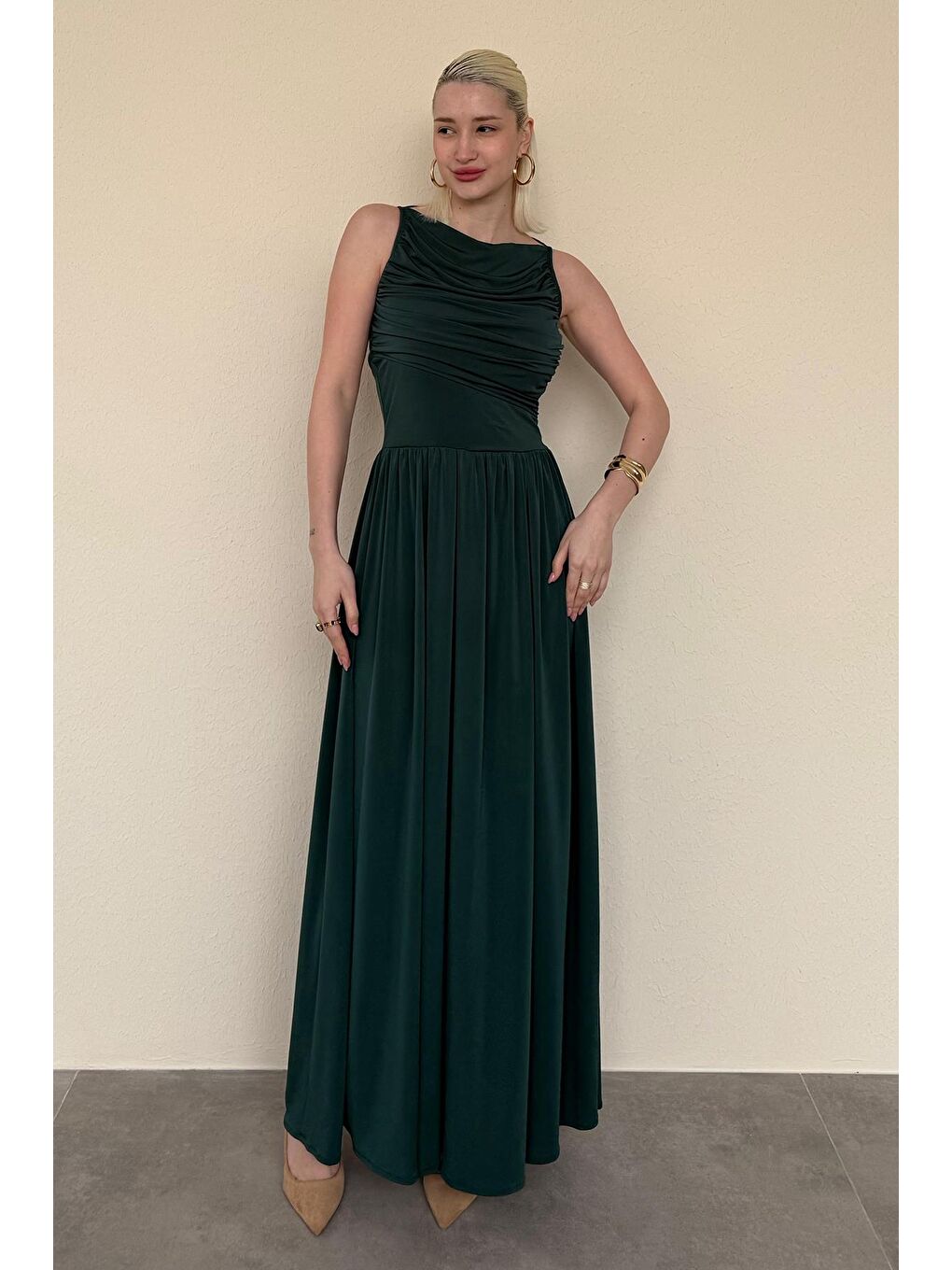 Yeşil Önü Dökümlü Uzun Boy Kadın Elbise Mg2364-7