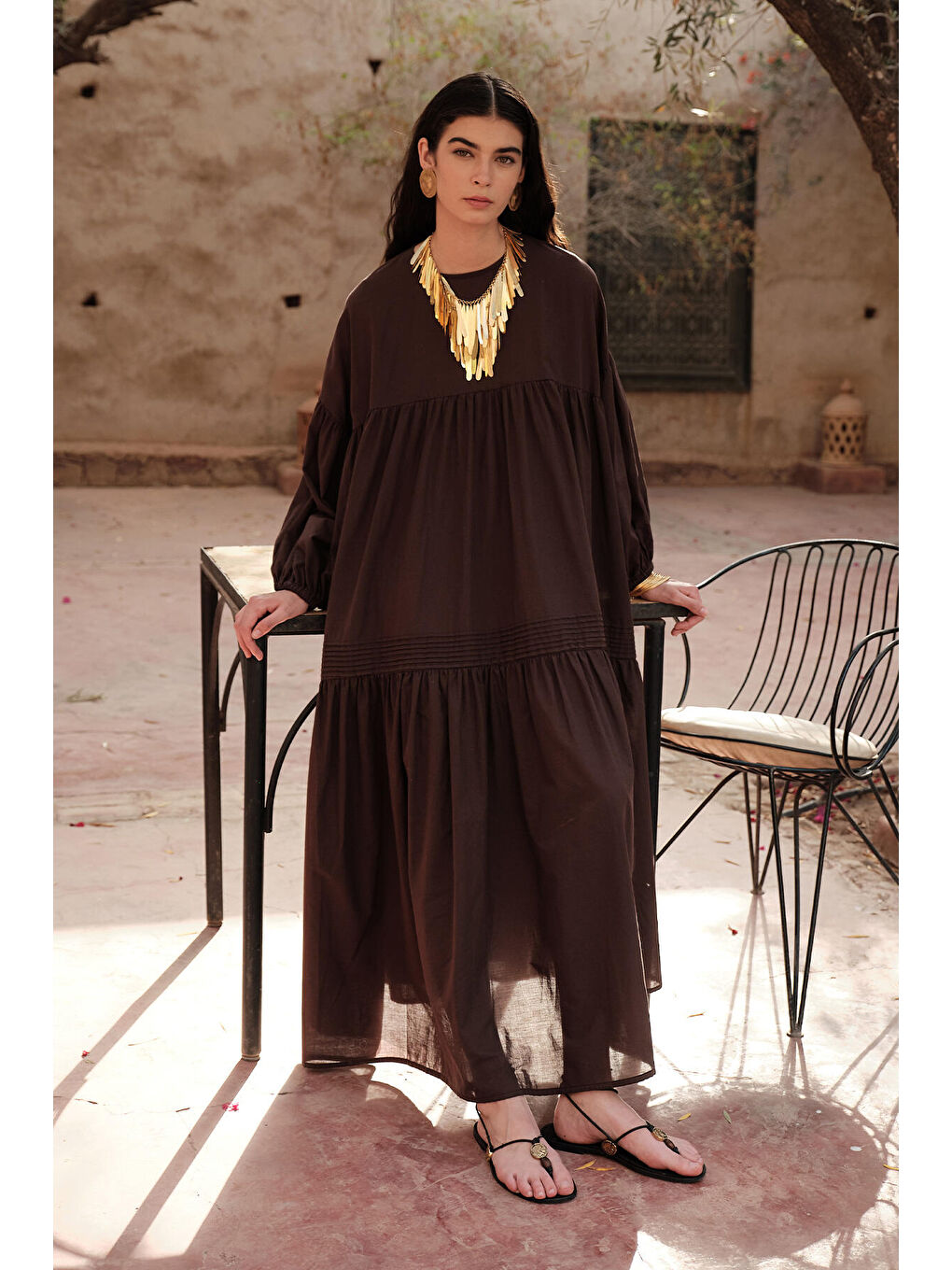 Büzgülü Oversize Vual Elbise Kahverengi