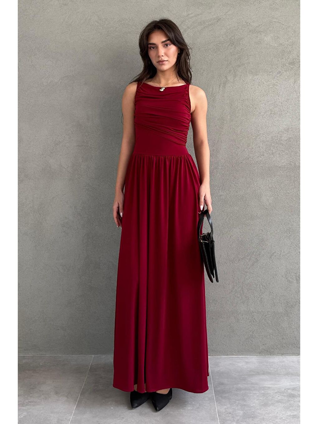 Bordo Önü Dökümlü Uzun Boy Kadın Elbise Mg2364-3