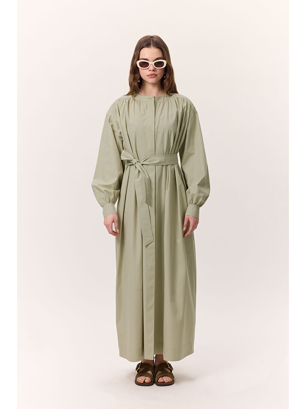 Yeşil Büzgü Detaylı Geniş Gömlek Elbise Çağla-6