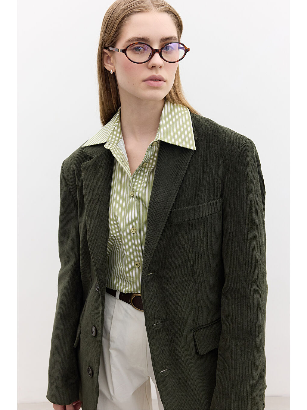 Fitilli Kadife Blazer Ceket Haki-2