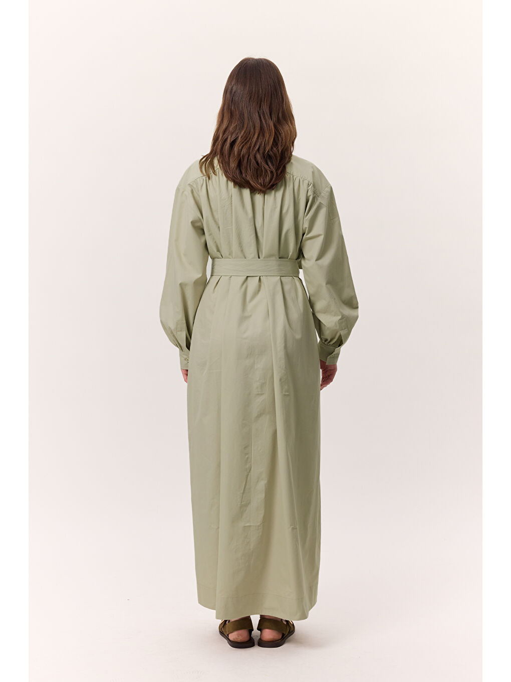 Yeşil Büzgü Detaylı Geniş Gömlek Elbise Çağla-7