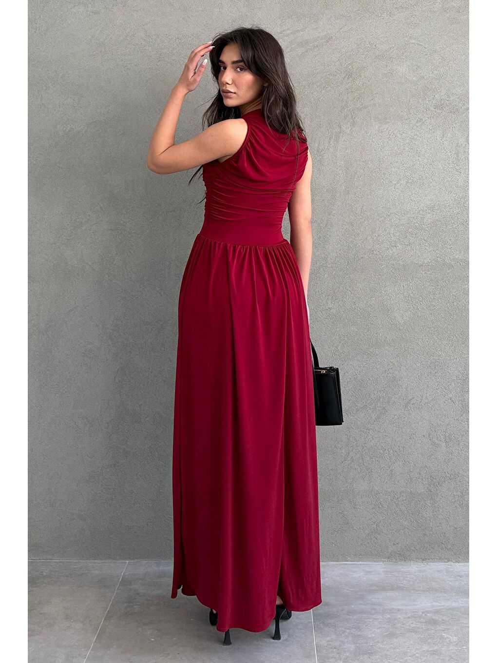 Bordo Önü Dökümlü Uzun Boy Kadın Elbise Mg2364-4