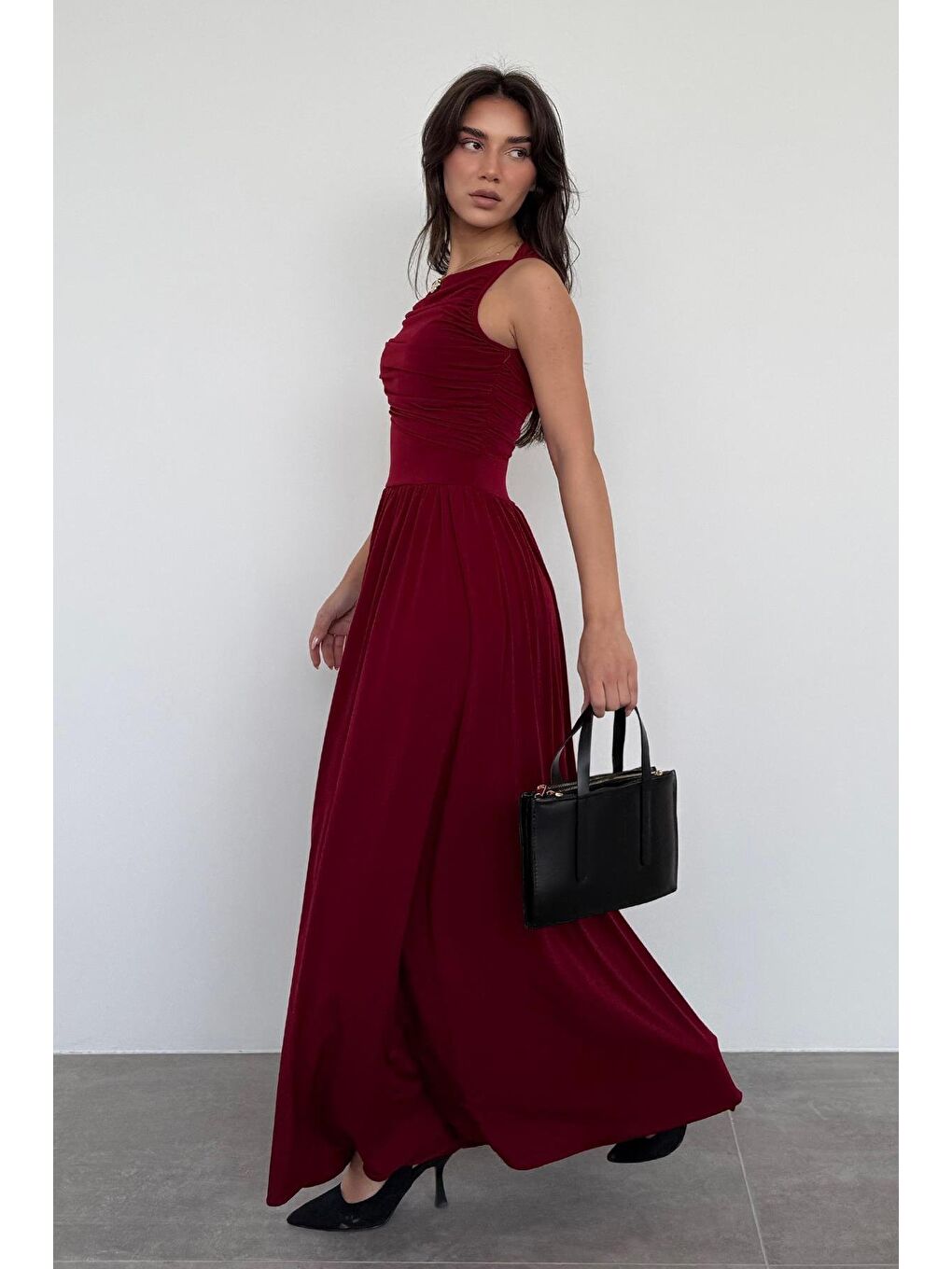 Bordo Önü Dökümlü Uzun Boy Kadın Elbise Mg2364-5