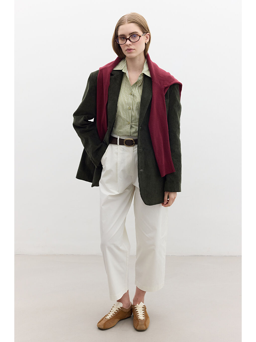 Fitilli Kadife Blazer Ceket Haki-3