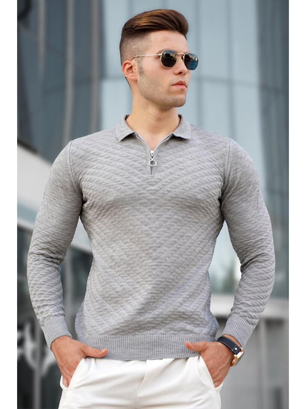 Gri Fermuarlı Triko Erkek Kazak 5605