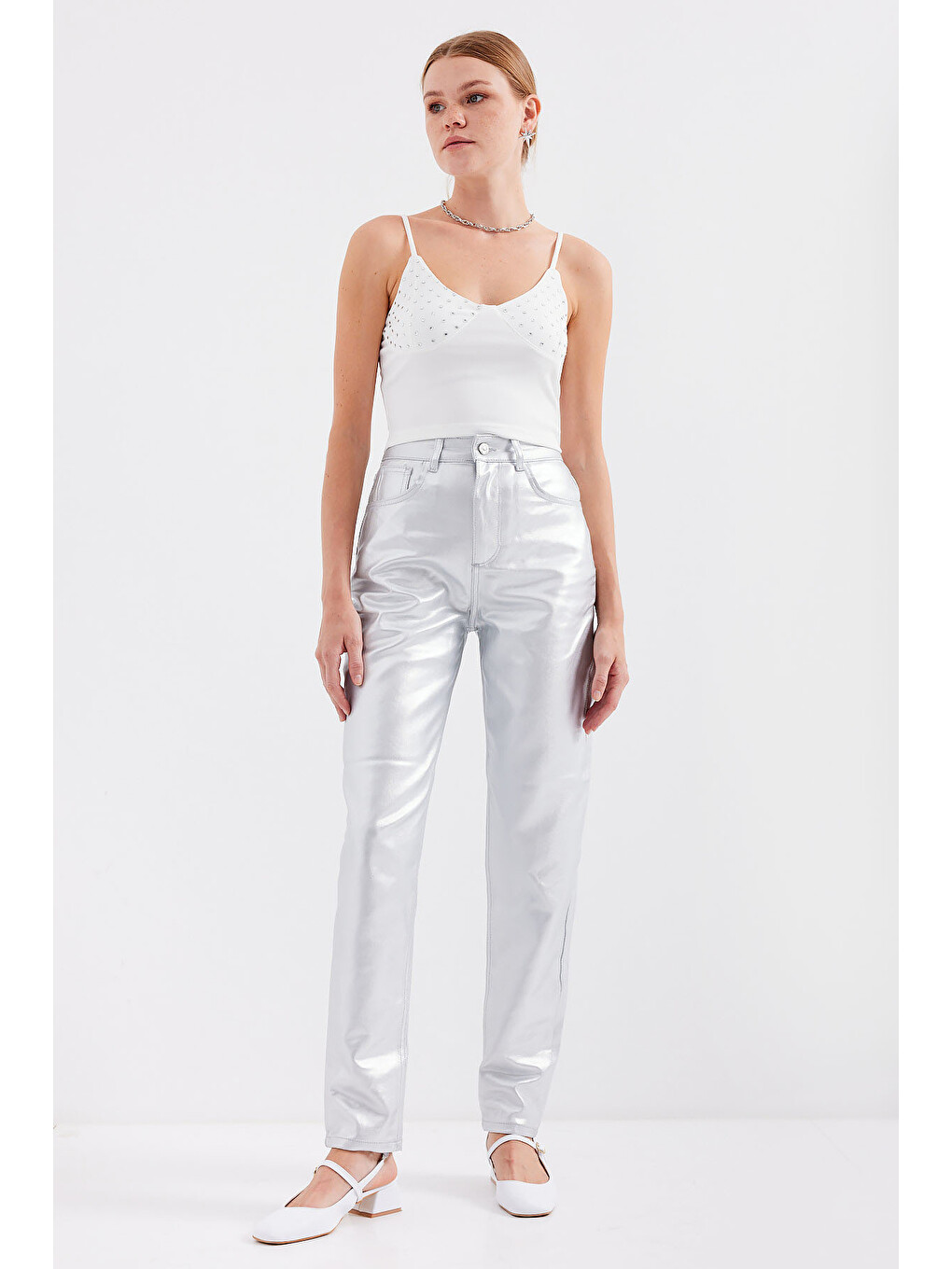 918 İp Askılı Crop Top - Beyaz-1