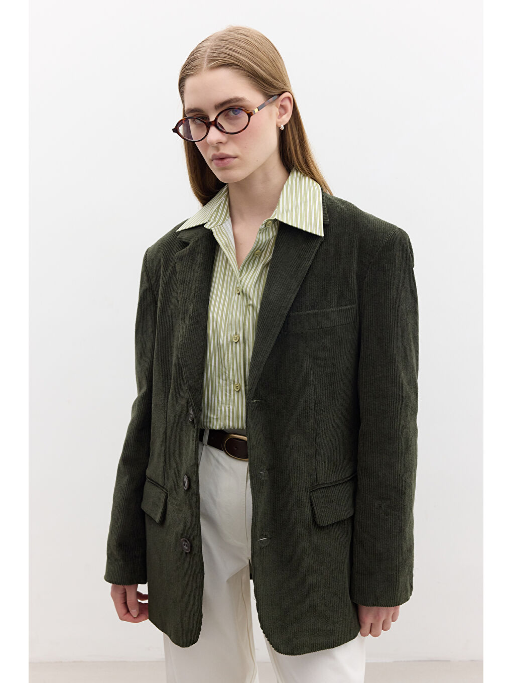 Fitilli Kadife Blazer Ceket Haki-4