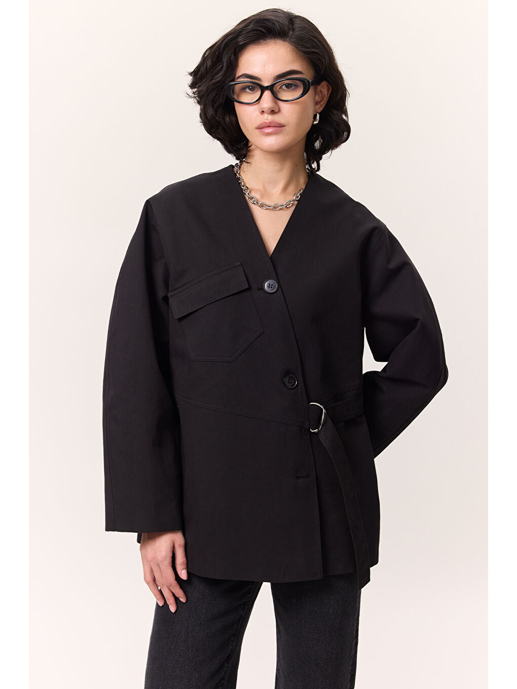 Toka Detaylı Kruvaze Tasarım Ceket Siyah-2