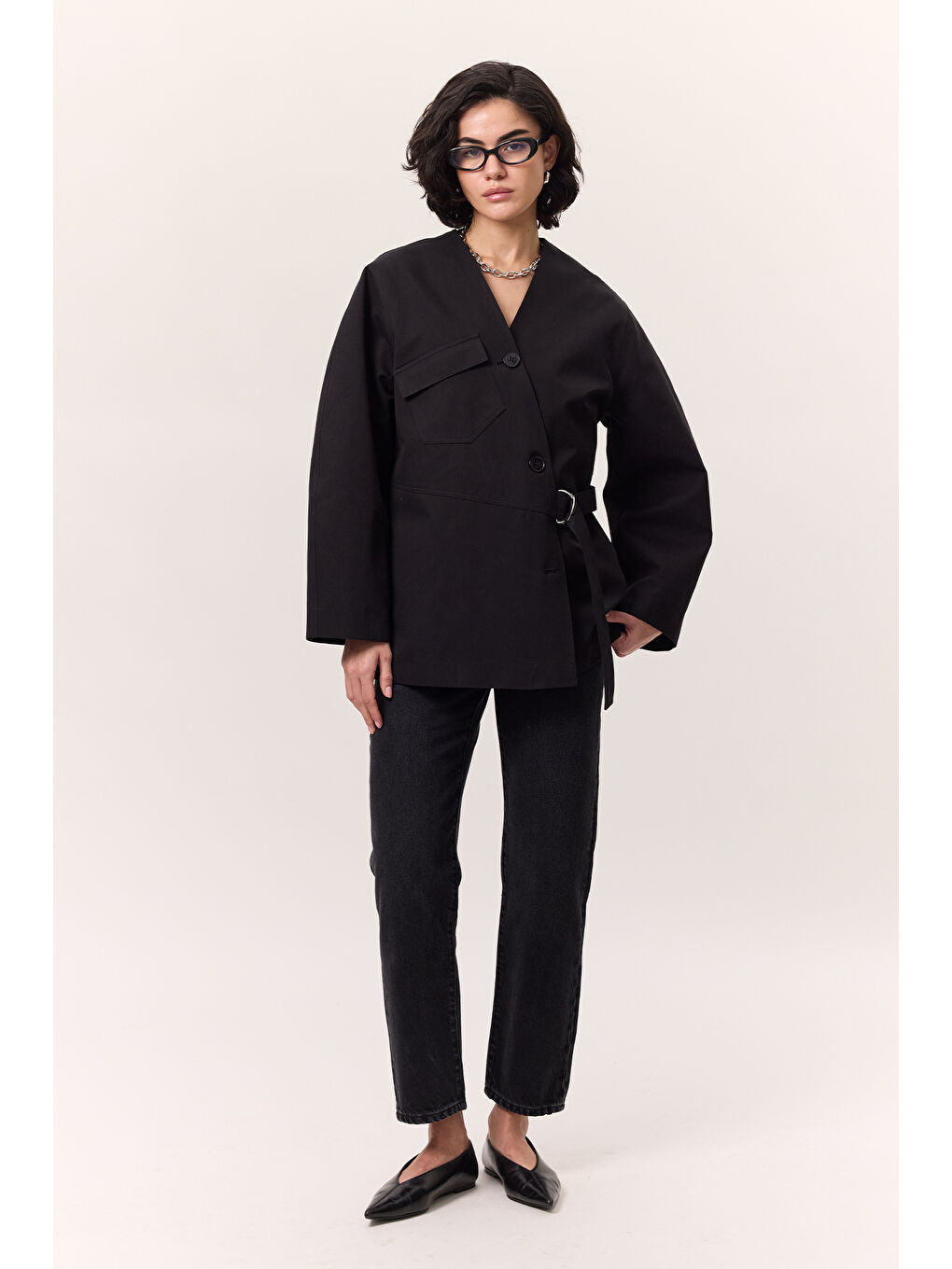 Toka Detaylı Kruvaze Tasarım Ceket Siyah-3