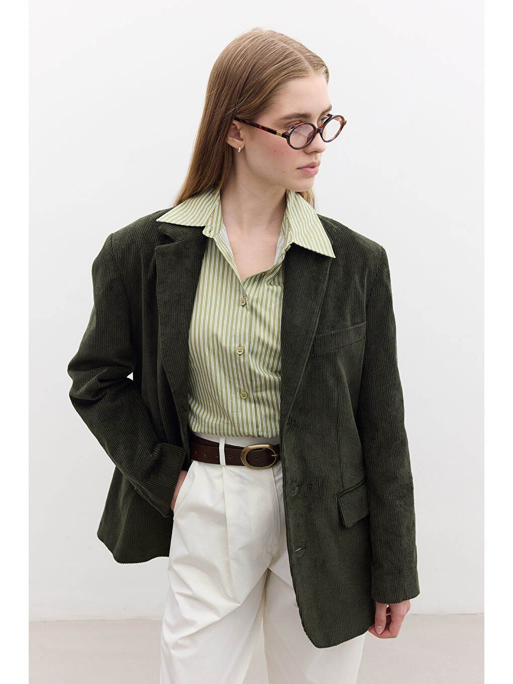 Fitilli Kadife Blazer Ceket Haki-5