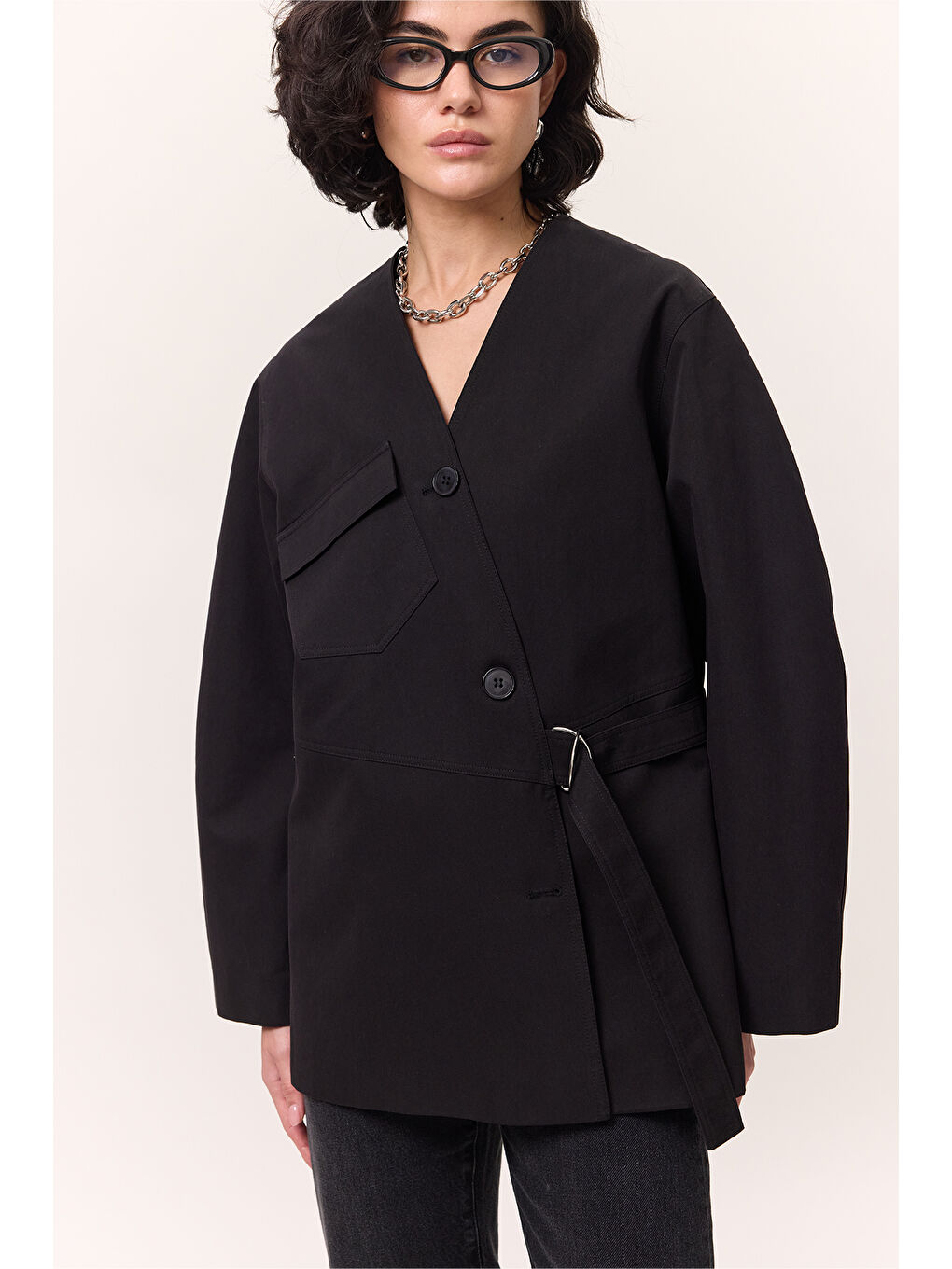 Toka Detaylı Kruvaze Tasarım Ceket Siyah-4