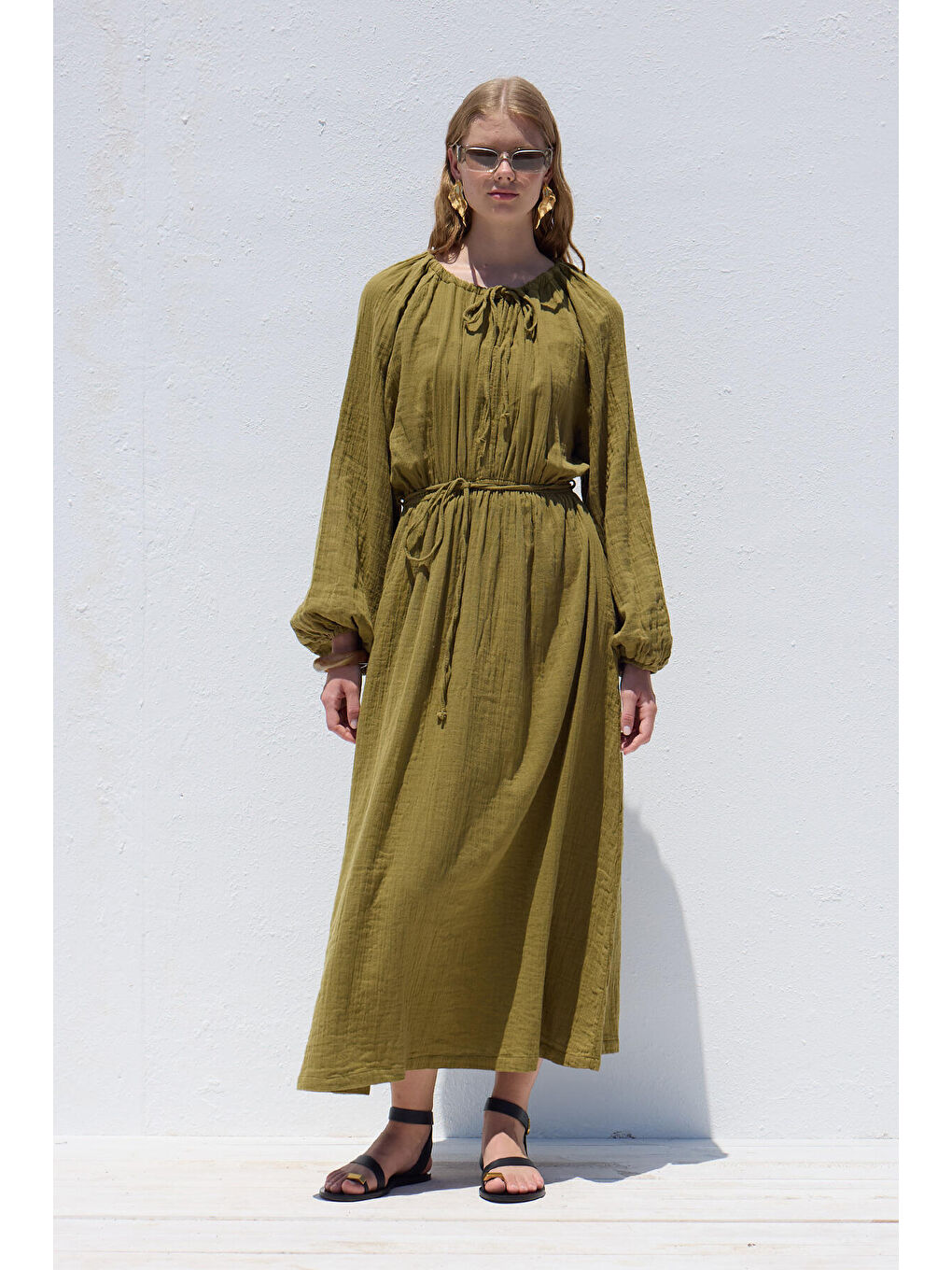 Bağlama Detaylı Muslin Elbise Yeşil