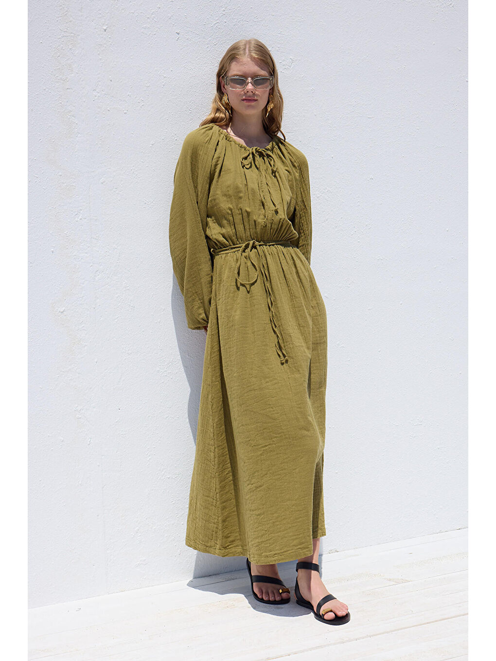 Bağlama Detaylı Muslin Elbise Yeşil-1