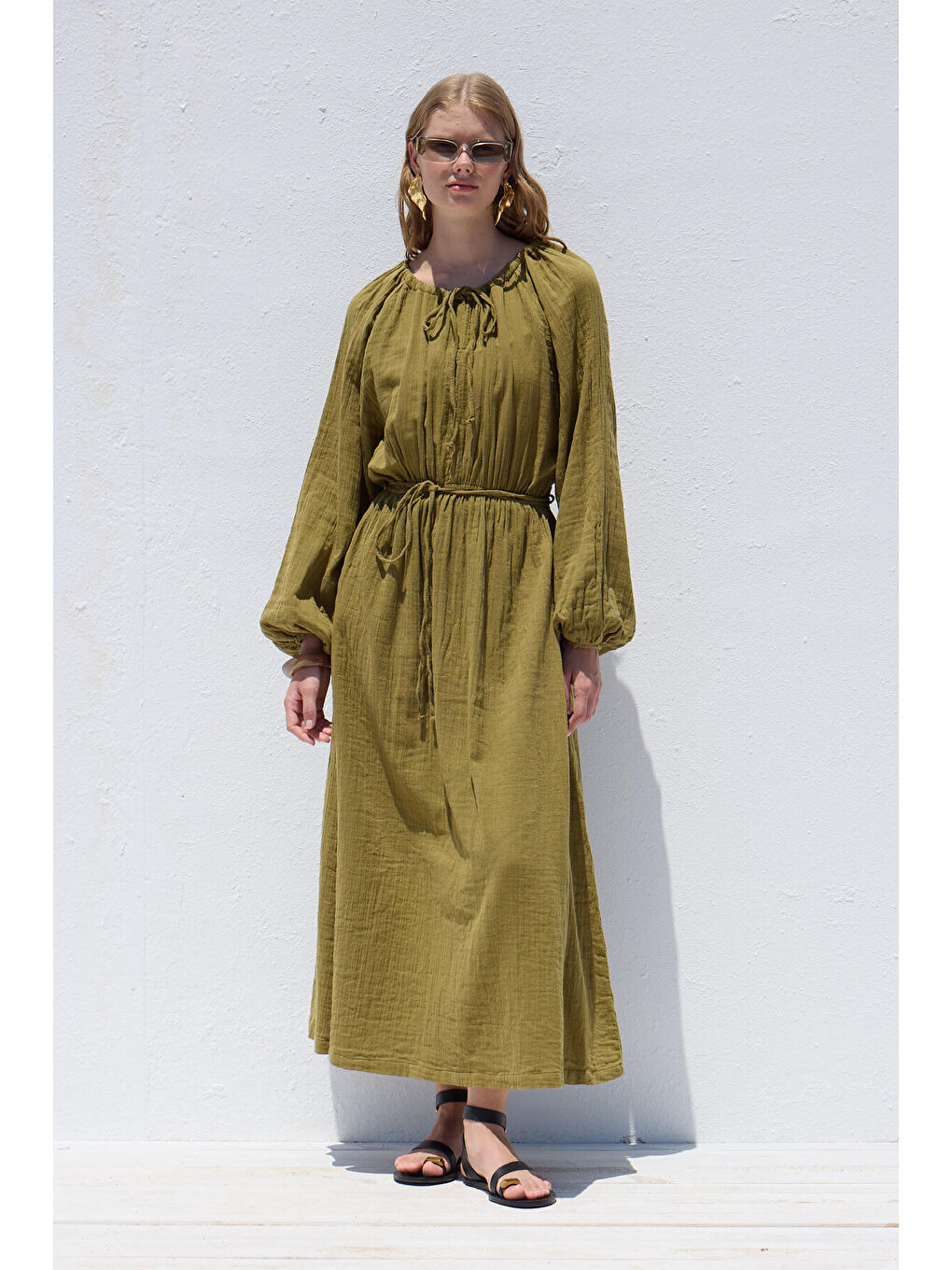 Bağlama Detaylı Muslin Elbise Yeşil-2