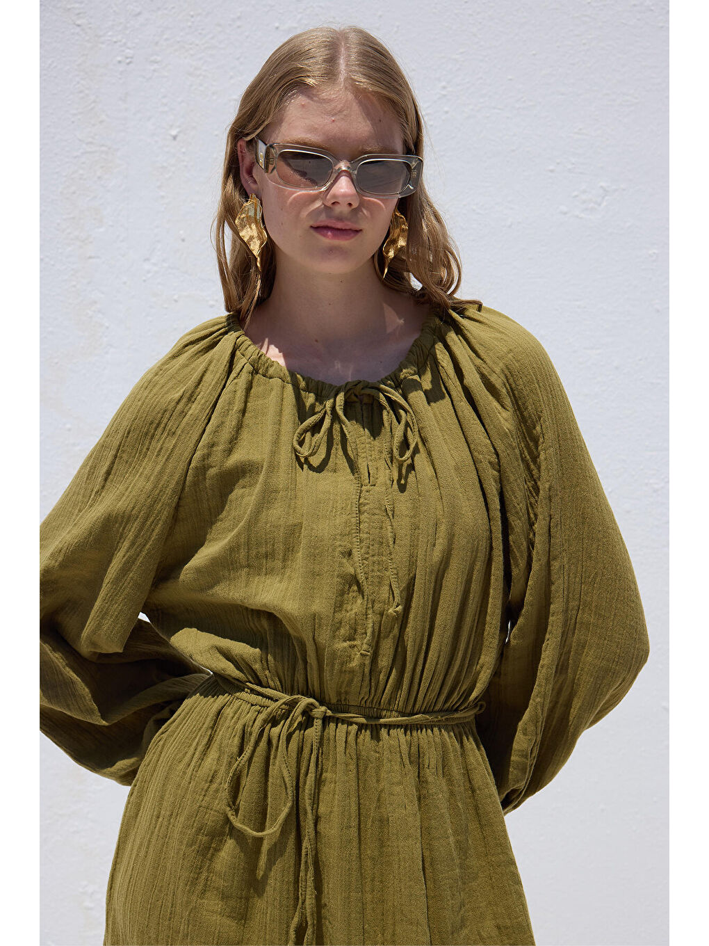 Bağlama Detaylı Muslin Elbise Yeşil-3