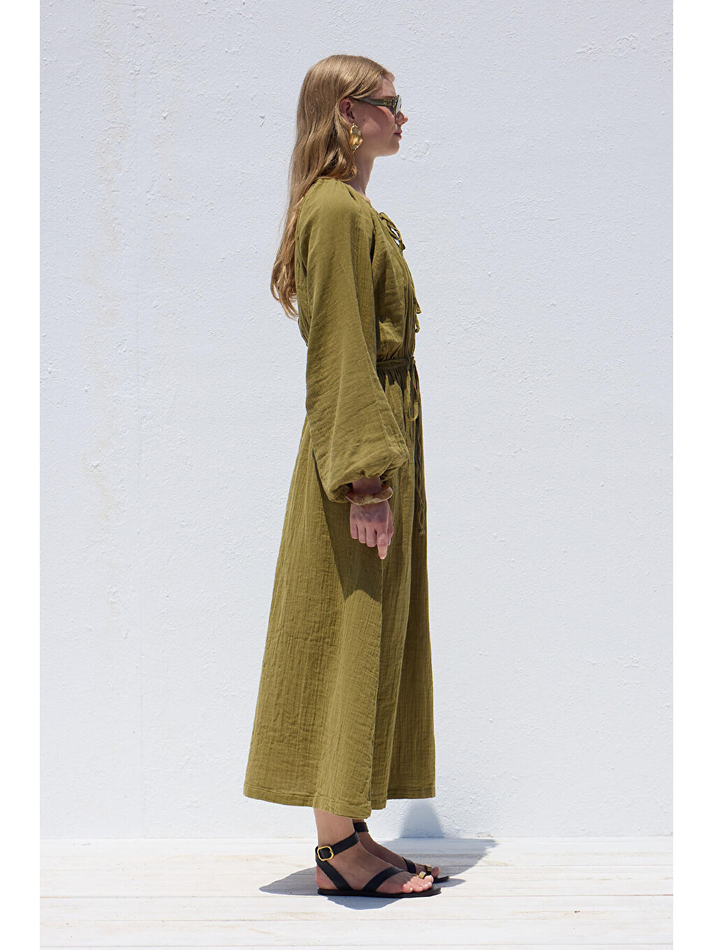 Bağlama Detaylı Muslin Elbise Yeşil-4