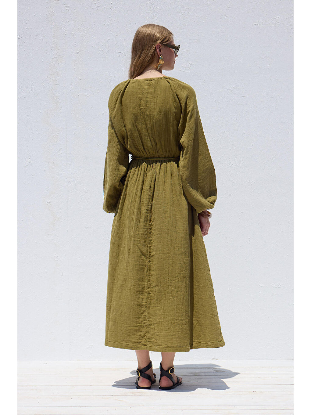 Bağlama Detaylı Muslin Elbise Yeşil-5