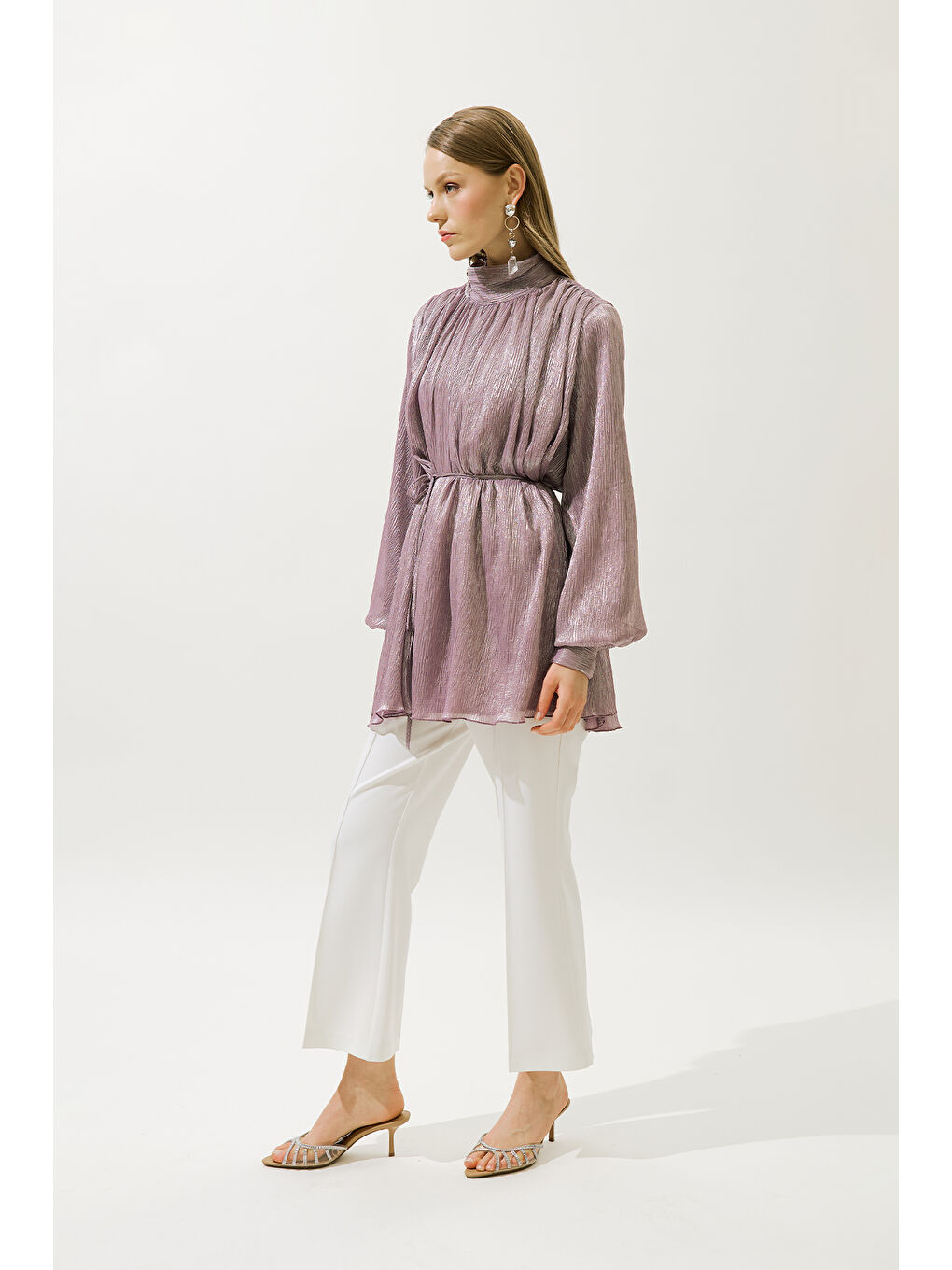 Volanlı Işıltılı Tunik Lila-1