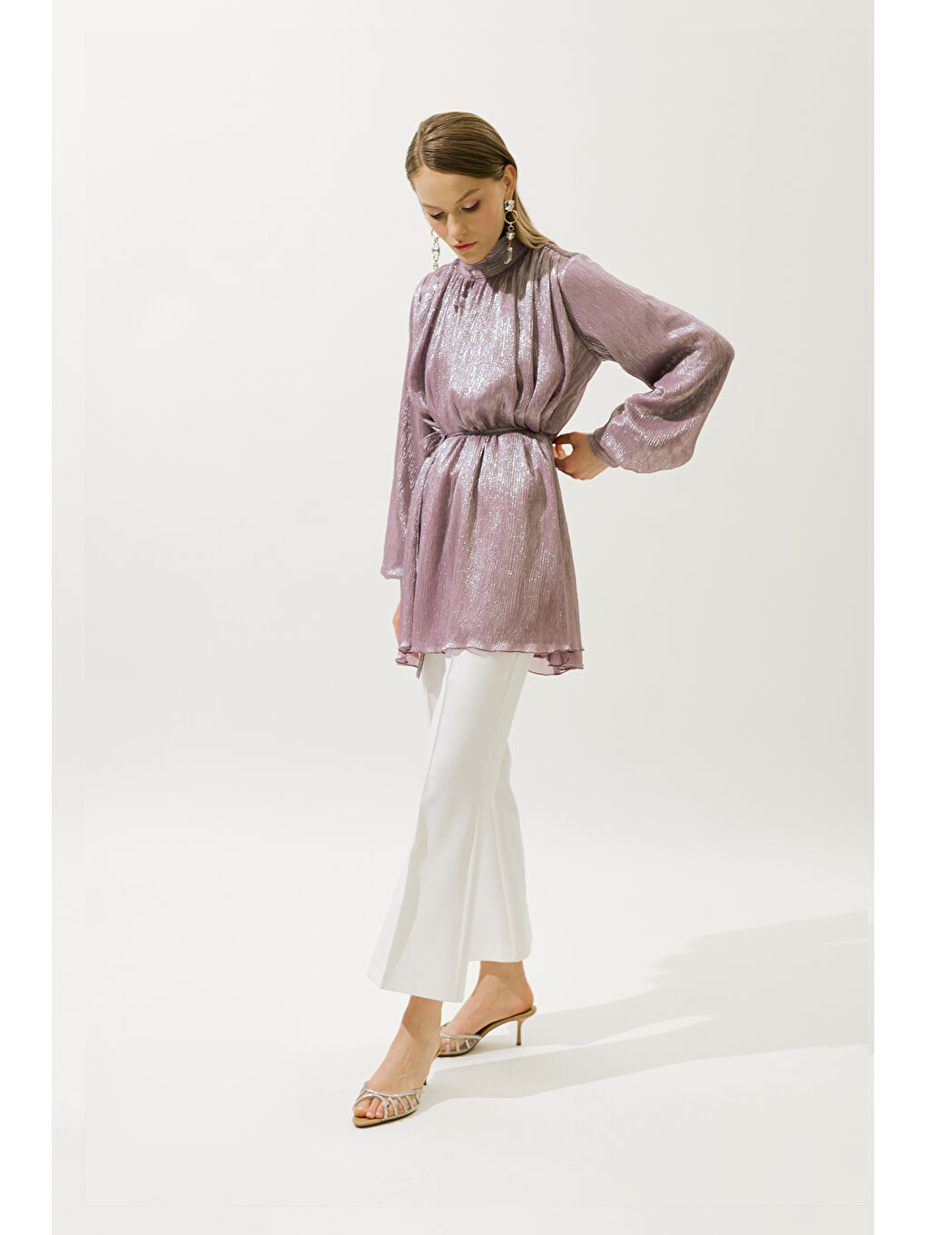 Volanlı Işıltılı Tunik Lila-3