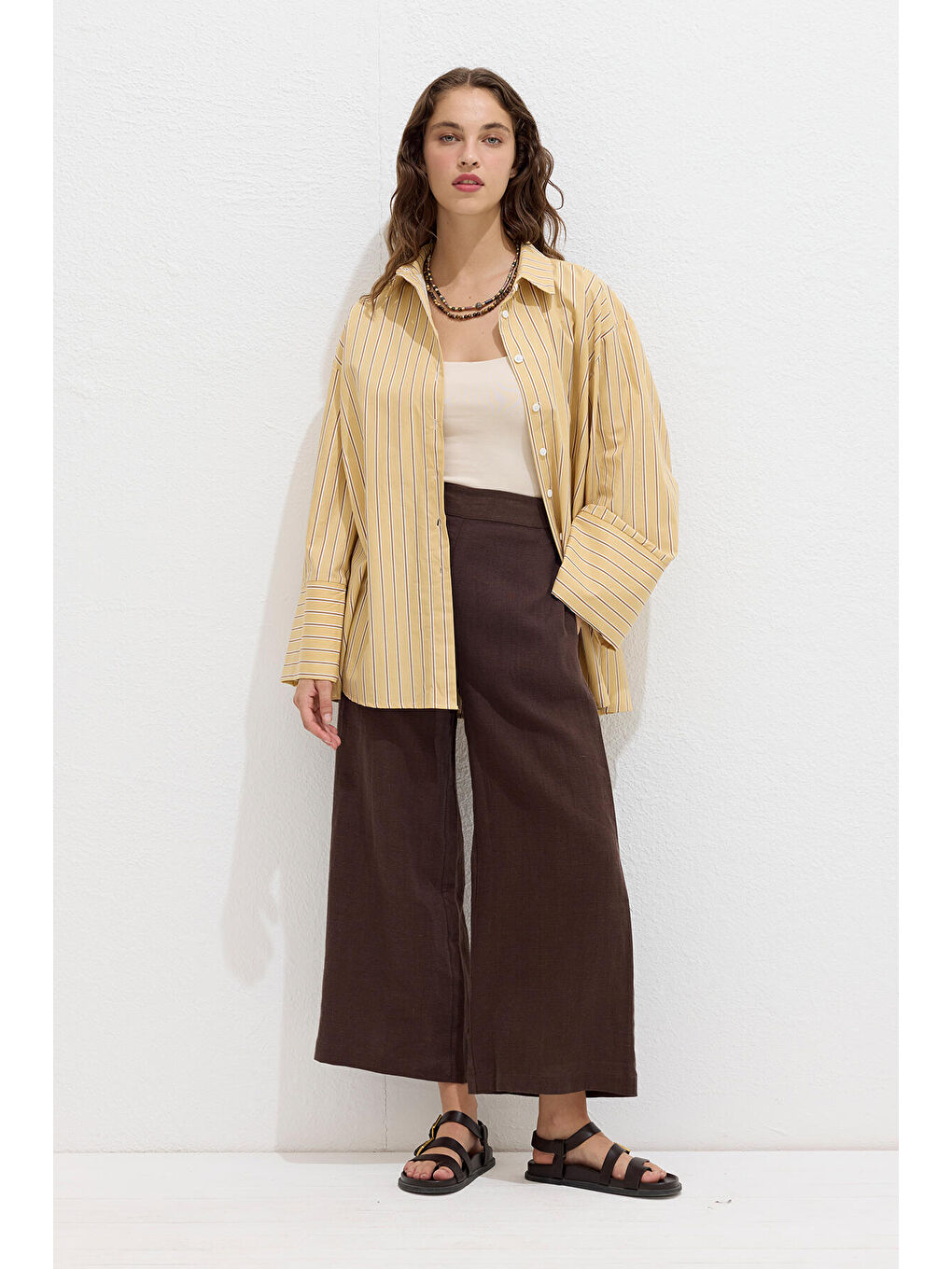 Çizgili Pamuklu Gömlek Sarı Çizgi-2