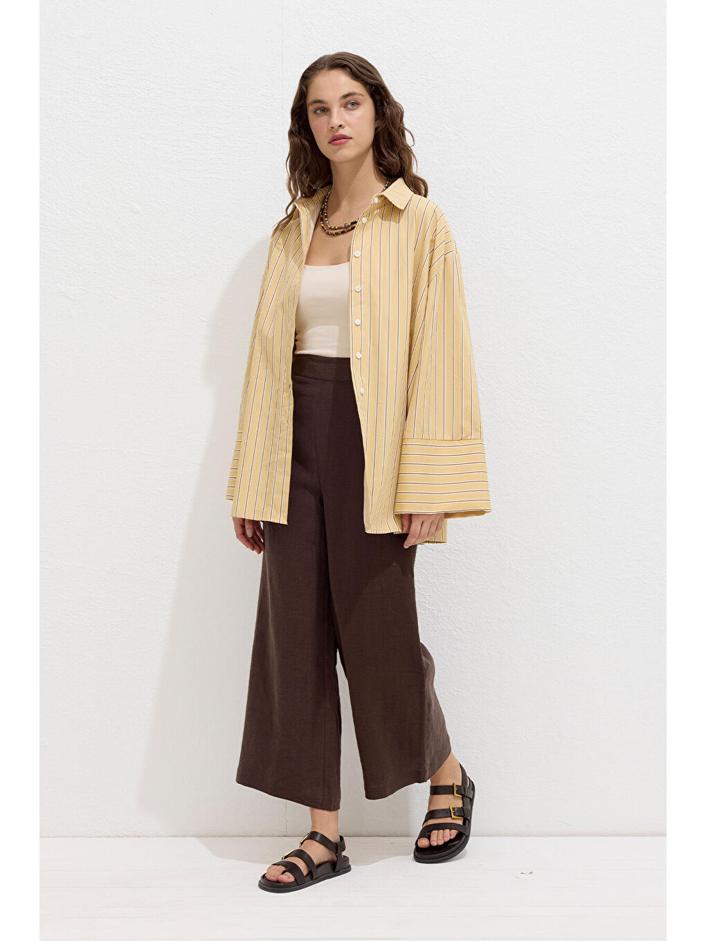 Çizgili Pamuklu Gömlek Sarı Çizgi-3