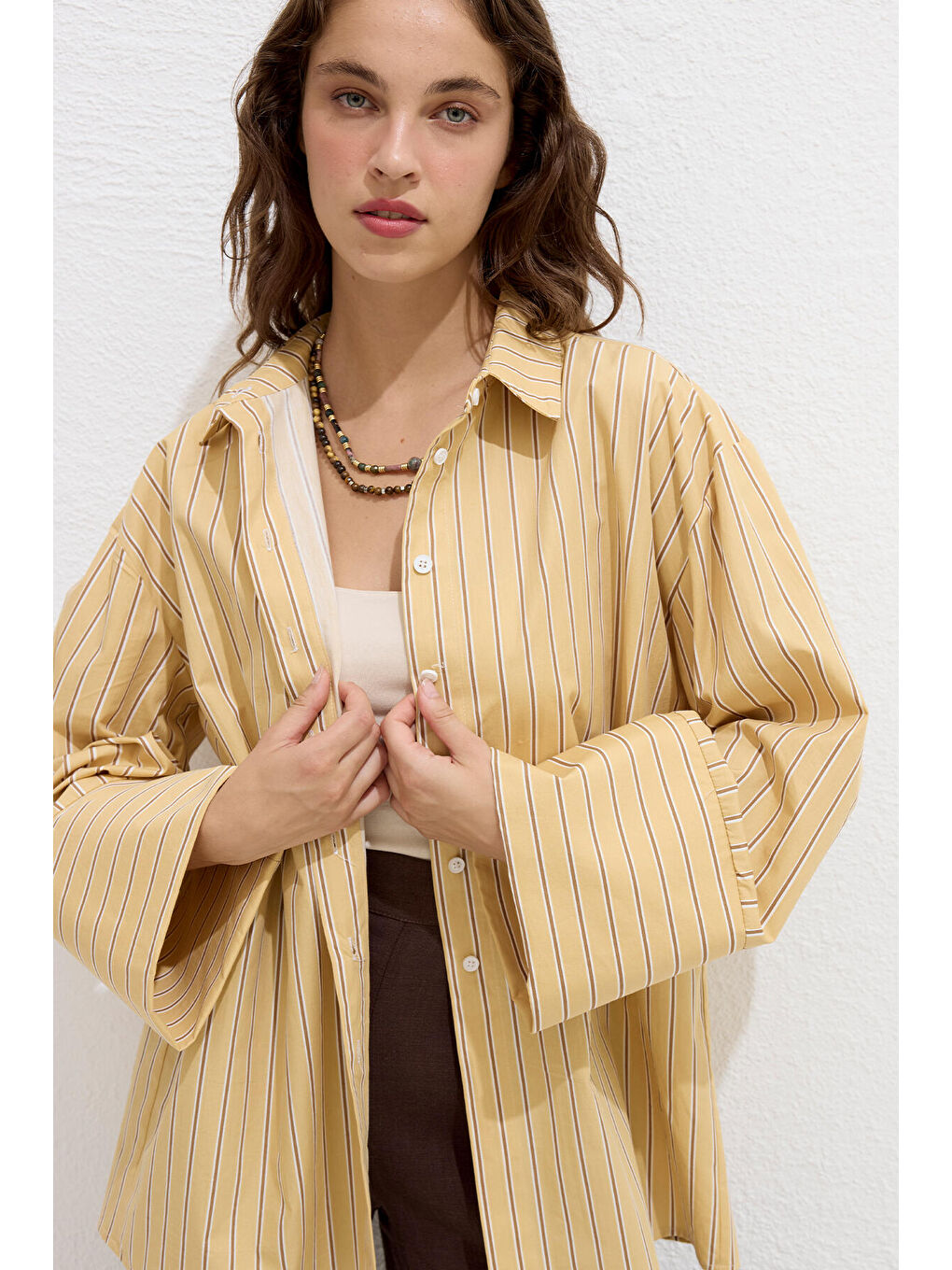 Çizgili Pamuklu Gömlek Sarı Çizgi-4