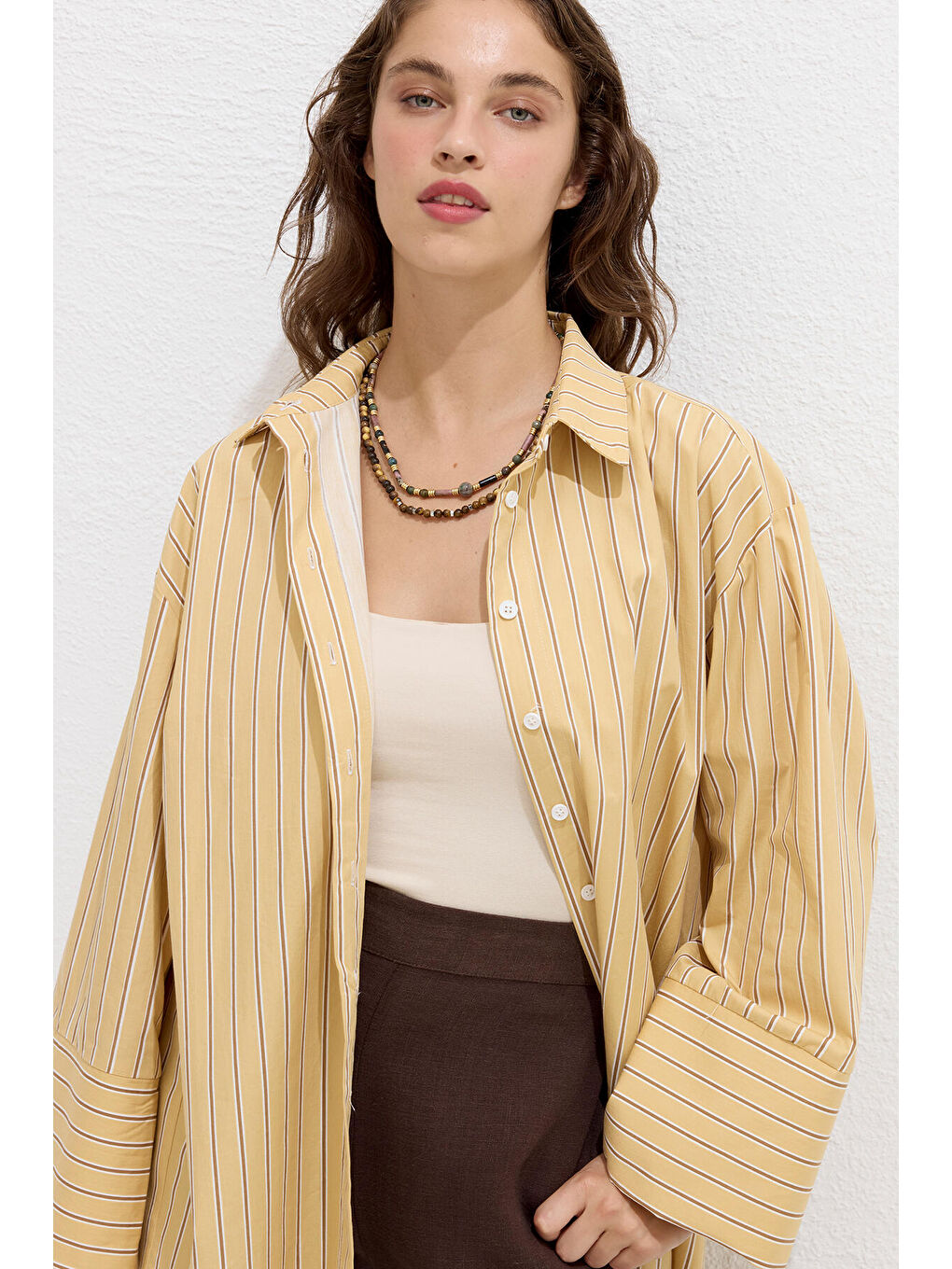 Çizgili Pamuklu Gömlek Sarı Çizgi-6