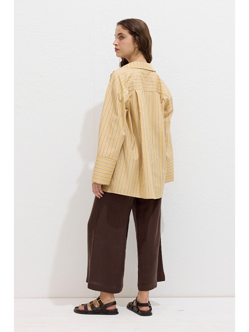 Çizgili Pamuklu Gömlek Sarı Çizgi-7