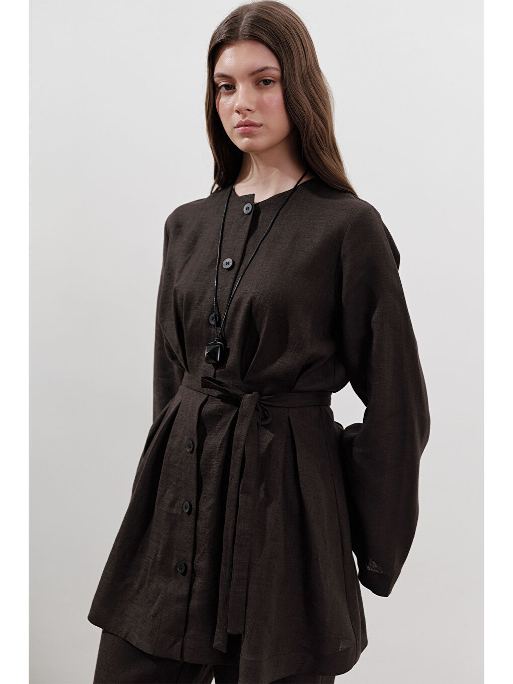Kahverengi Keten Pensli Tunik Acı Kahve-2