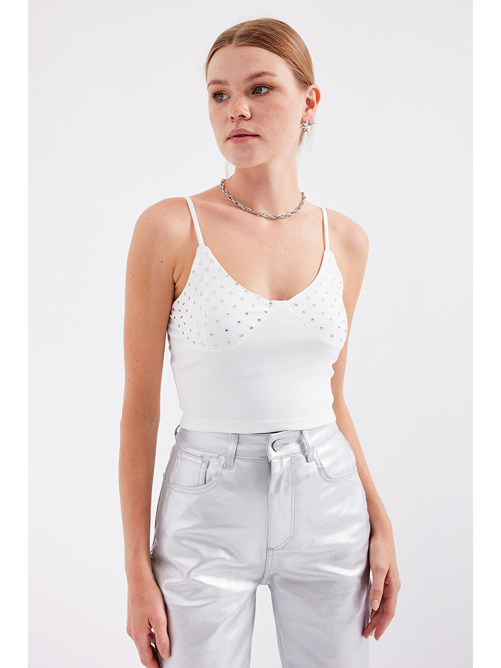 918 İp Askılı Crop Top - Beyaz-2