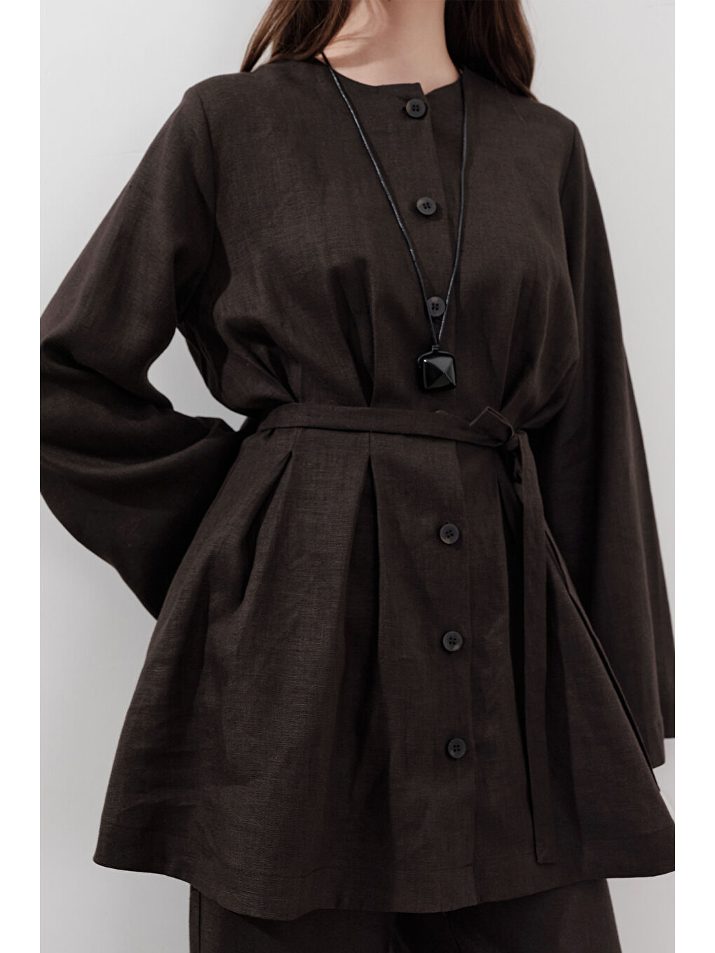 Kahverengi Keten Pensli Tunik Acı Kahve-4