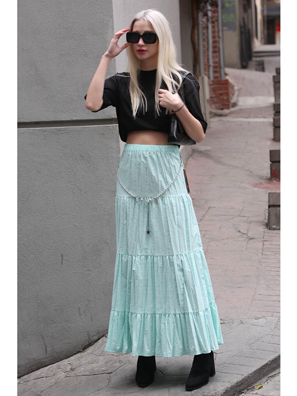 Yeşil Çıtır Çiçek Desenli Pileli Uzun Kadın Etek MG1637-2