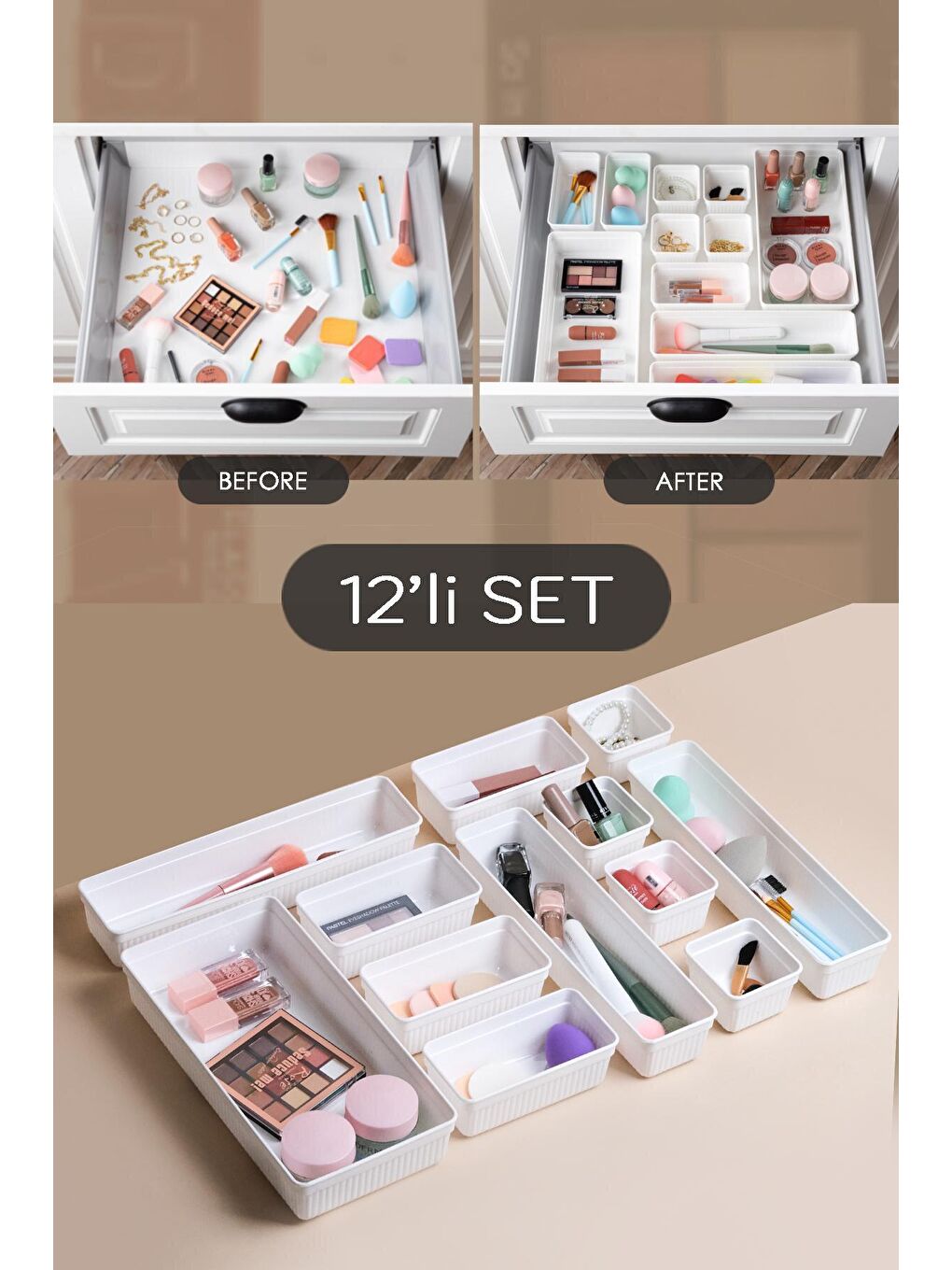 12'li Kozmetik Takı Düzenleyici Makyaj Organizer - Tasarım Çekmece İçi Organizer Kutu Beyaz