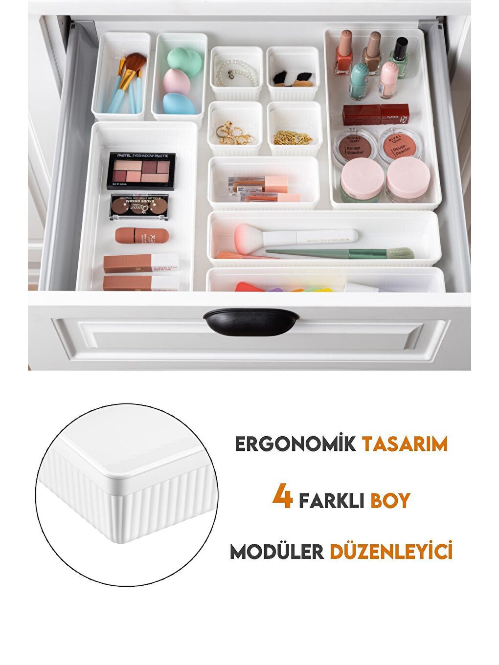 12'li Kozmetik Takı Düzenleyici Makyaj Organizer - Tasarım Çekmece İçi Organizer Kutu Beyaz-2