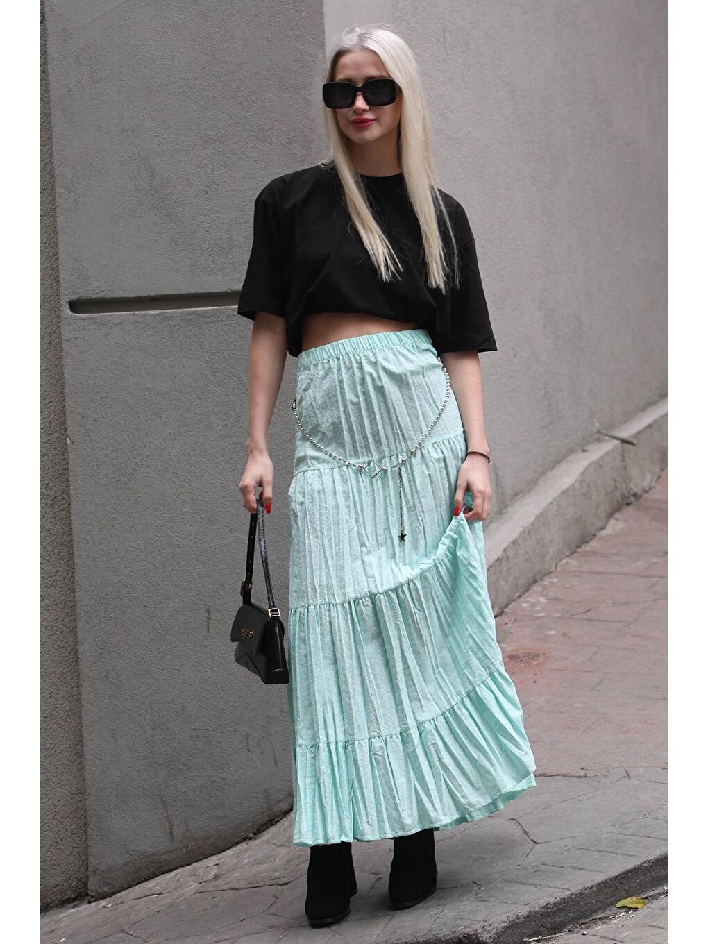 Yeşil Çıtır Çiçek Desenli Pileli Uzun Kadın Etek MG1637-1