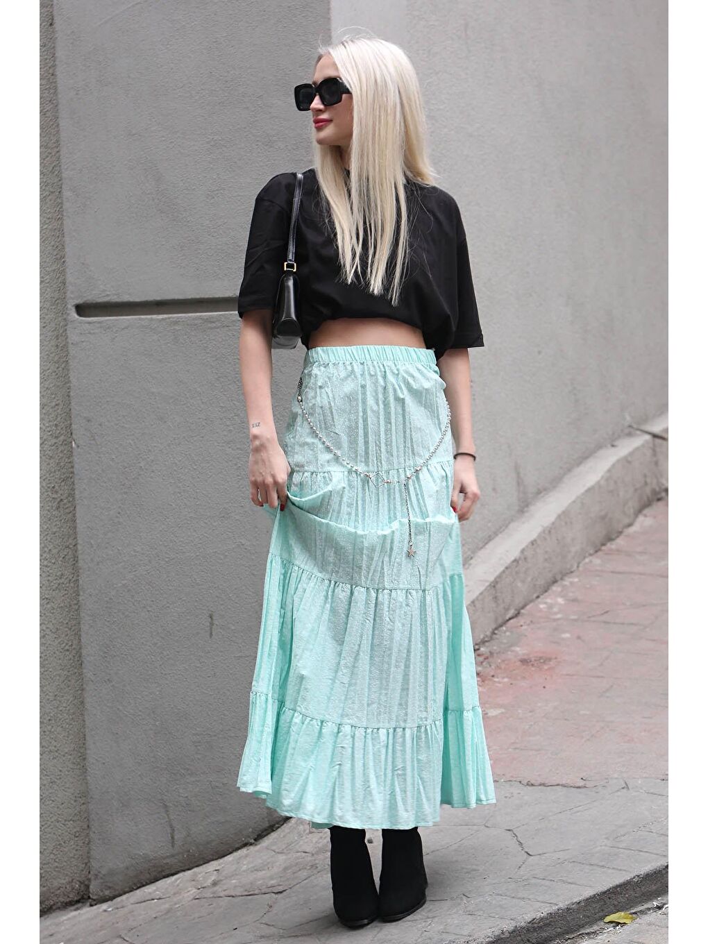 Yeşil Çıtır Çiçek Desenli Pileli Uzun Kadın Etek MG1637