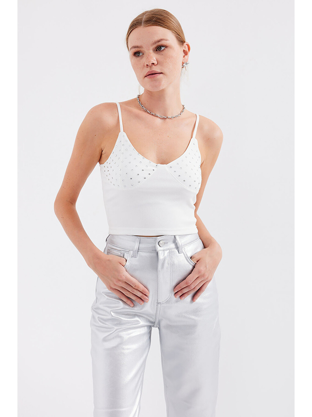 918 İp Askılı Crop Top - Beyaz-3