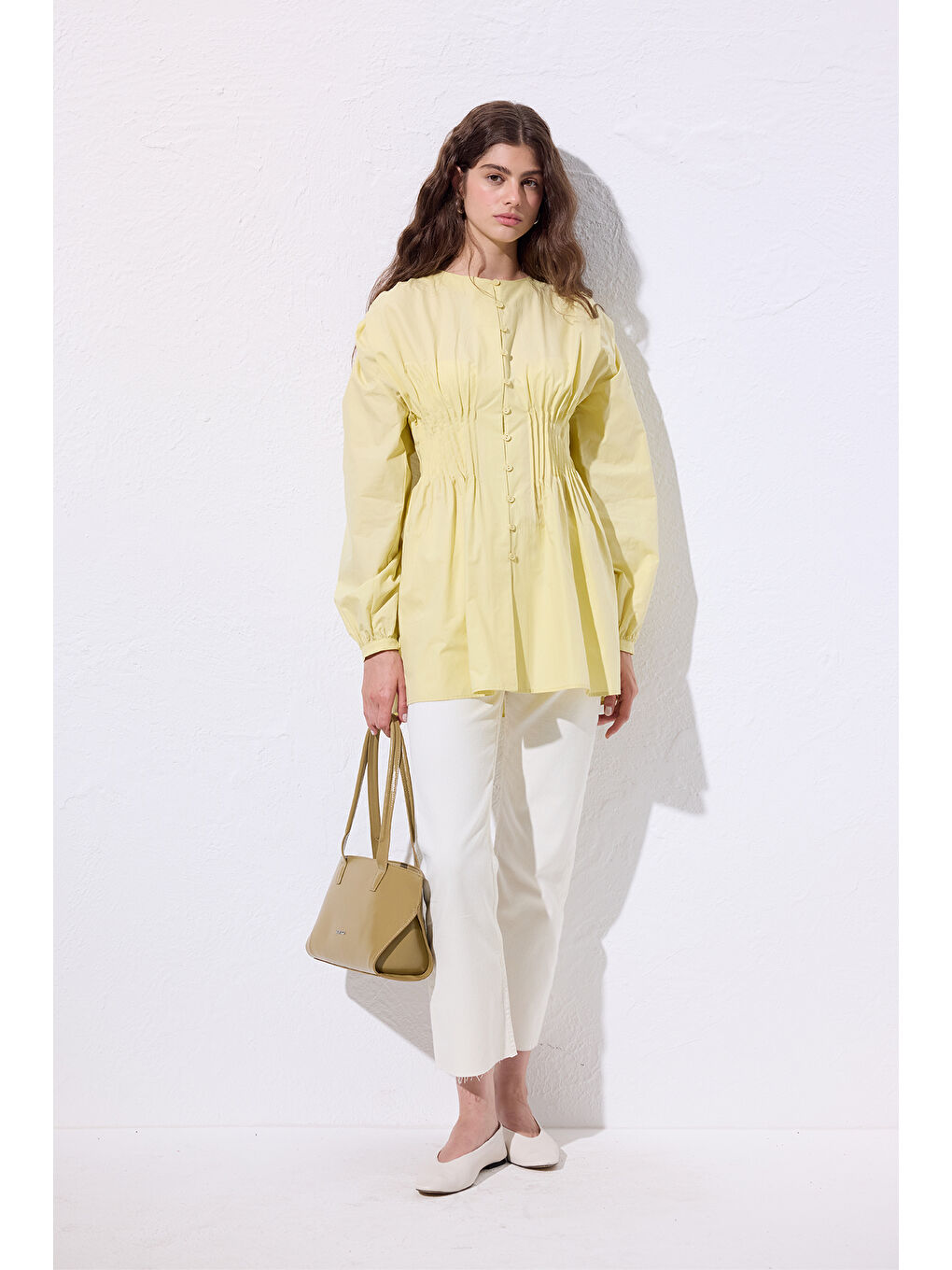 Beli Pile Detaylı Uzun Kol Bluz Sarı-1