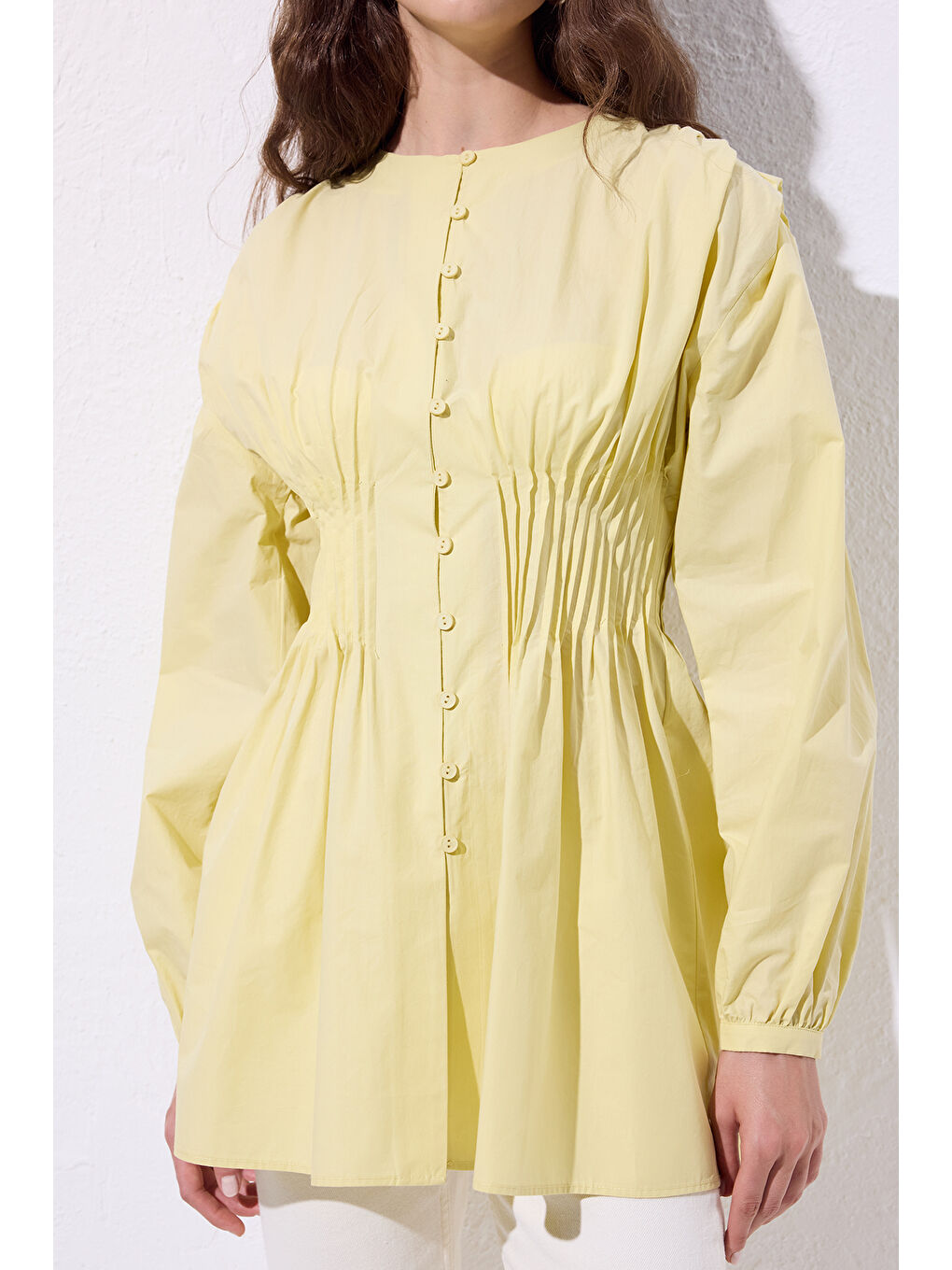 Beli Pile Detaylı Uzun Kol Bluz Sarı-3